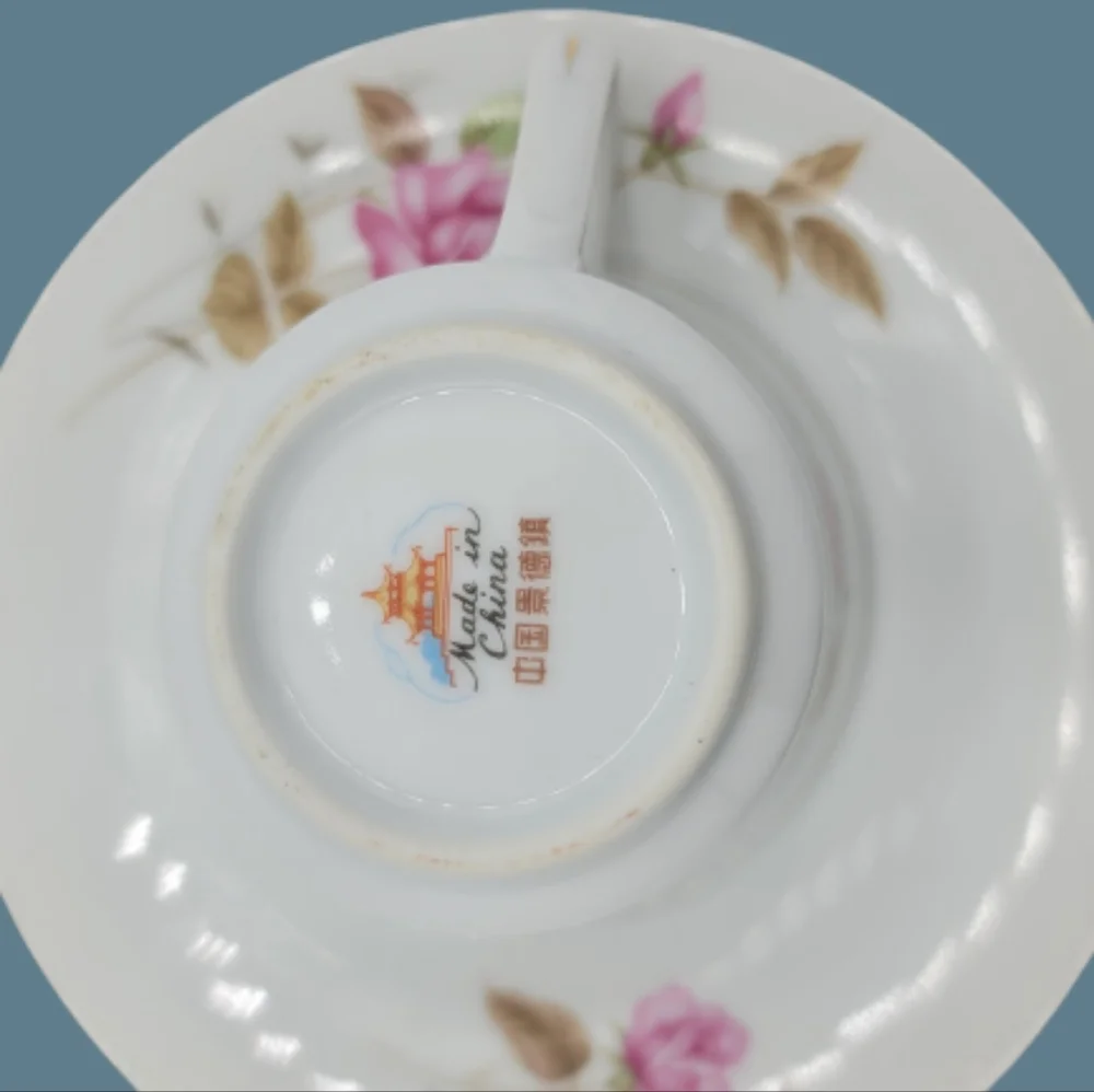 Elegant Rose Pattern Porcelain Tea Cup and Saucer Set, Gold Trim